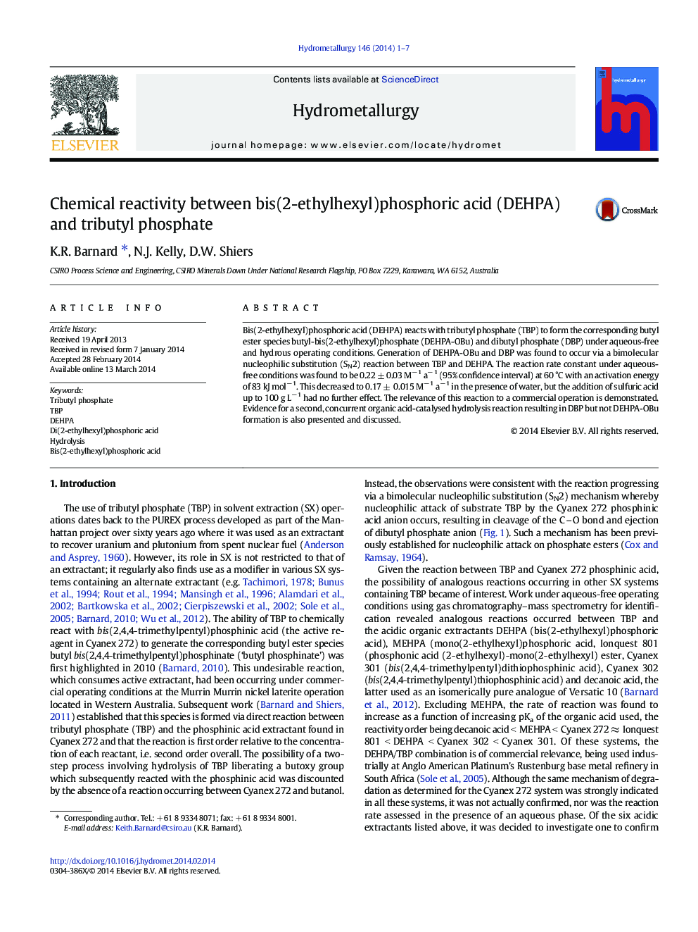 Chemical reactivity between bis(2-ethylhexyl)phosphoric acid (DEHPA) and tributyl phosphate