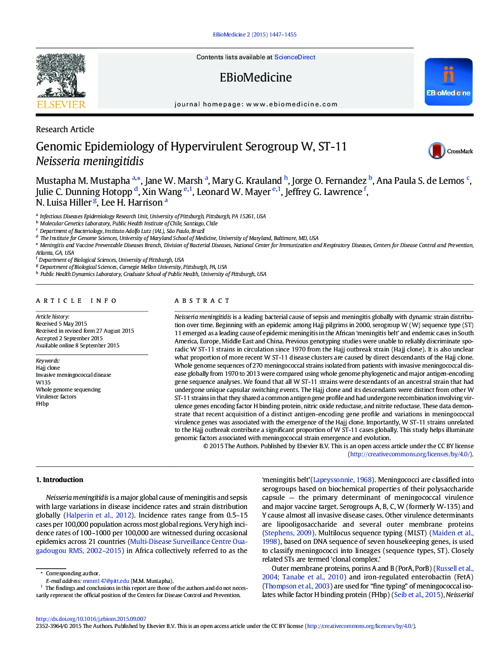 Genomic Epidemiology of Hypervirulent Serogroup W, ST-11 Neisseria meningitidis