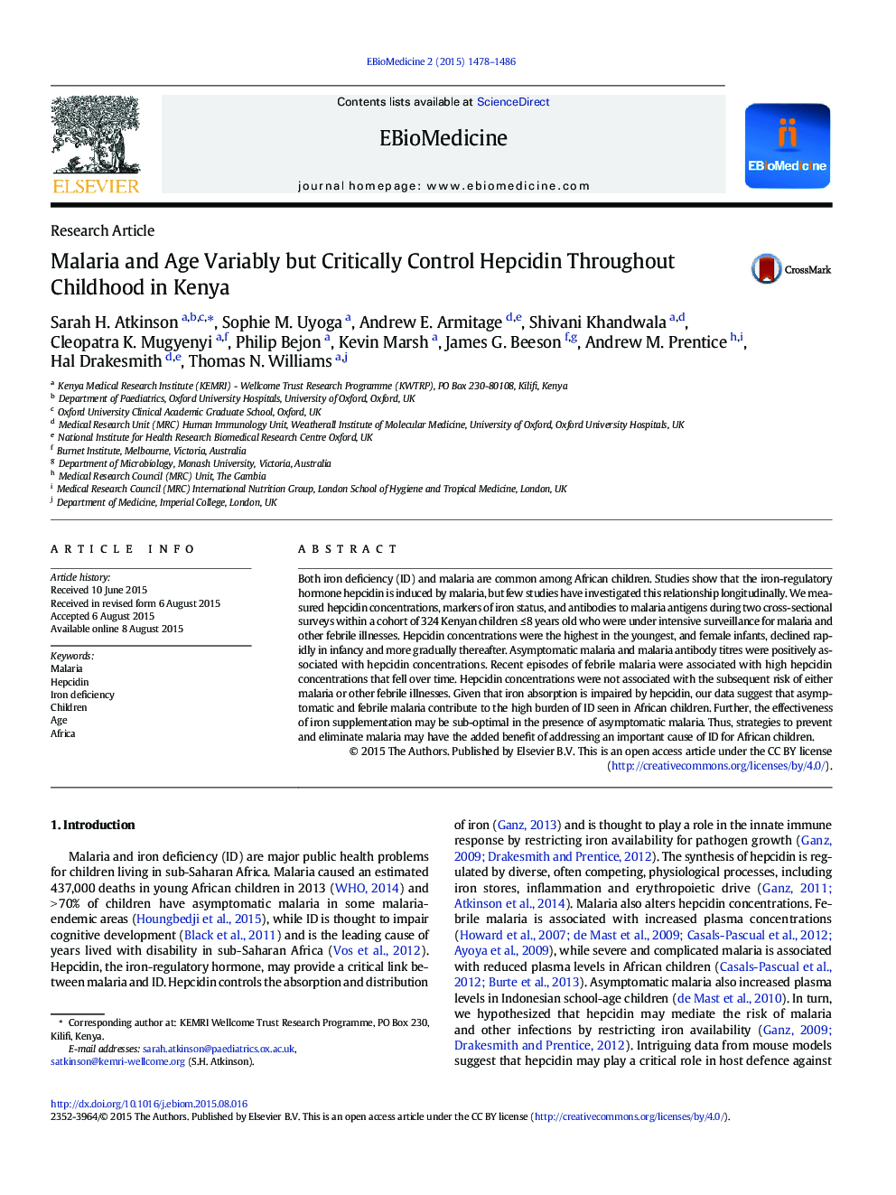 Malaria and Age Variably but Critically Control Hepcidin Throughout Childhood in Kenya