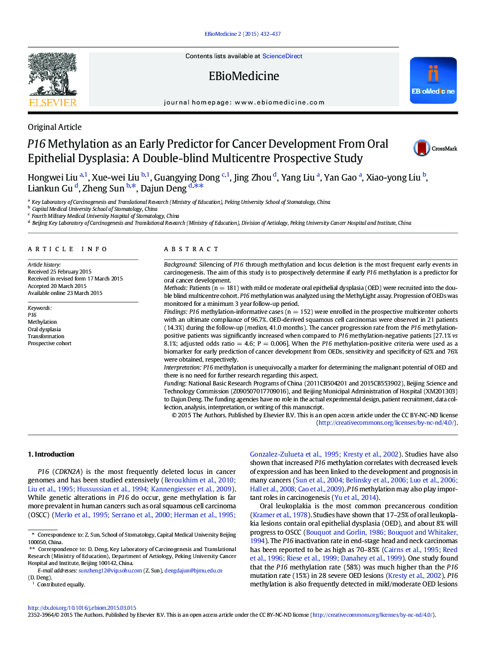 P16 Methylation as an Early Predictor for Cancer Development From Oral Epithelial Dysplasia: A Double-blind Multicentre Prospective Study