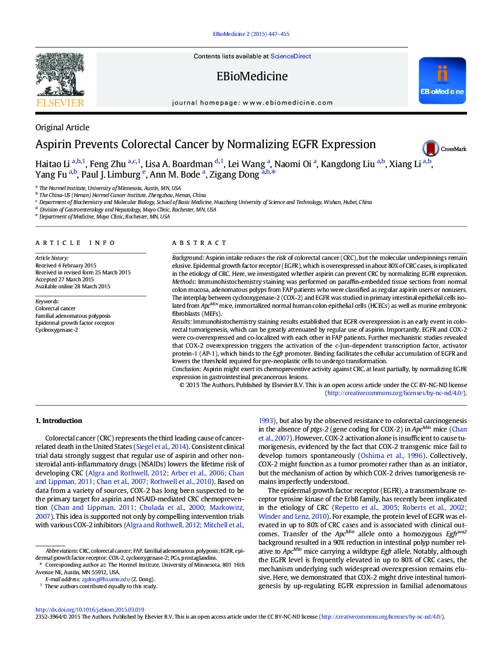 Aspirin Prevents Colorectal Cancer by Normalizing EGFR Expression