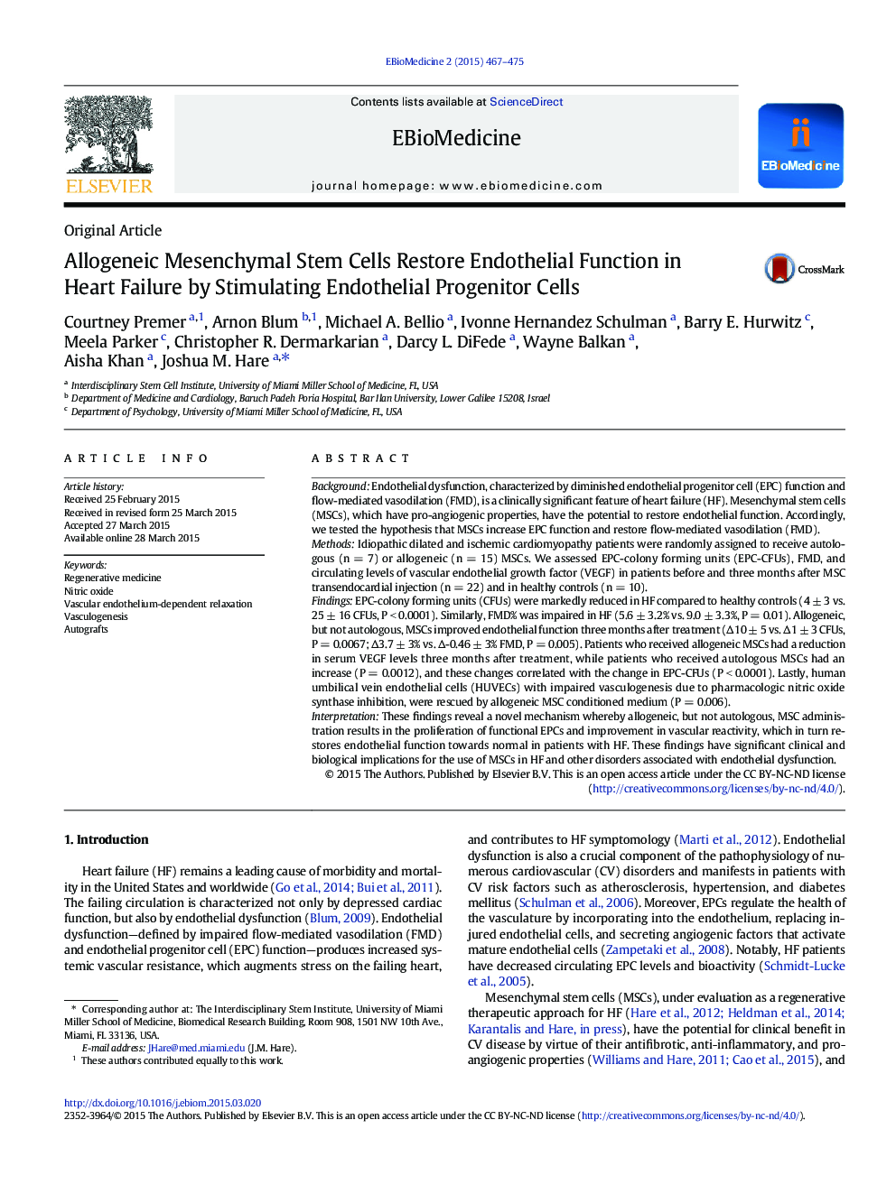 Allogeneic Mesenchymal Stem Cells Restore Endothelial Function in Heart Failure by Stimulating Endothelial Progenitor Cells