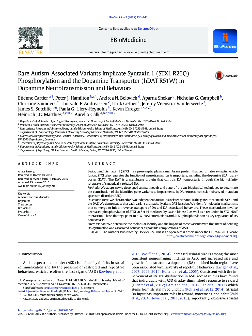 Rare Autism-Associated Variants Implicate Syntaxin 1 (STX1 R26Q) Phosphorylation and the Dopamine Transporter (hDAT R51W) in Dopamine Neurotransmission and Behaviors