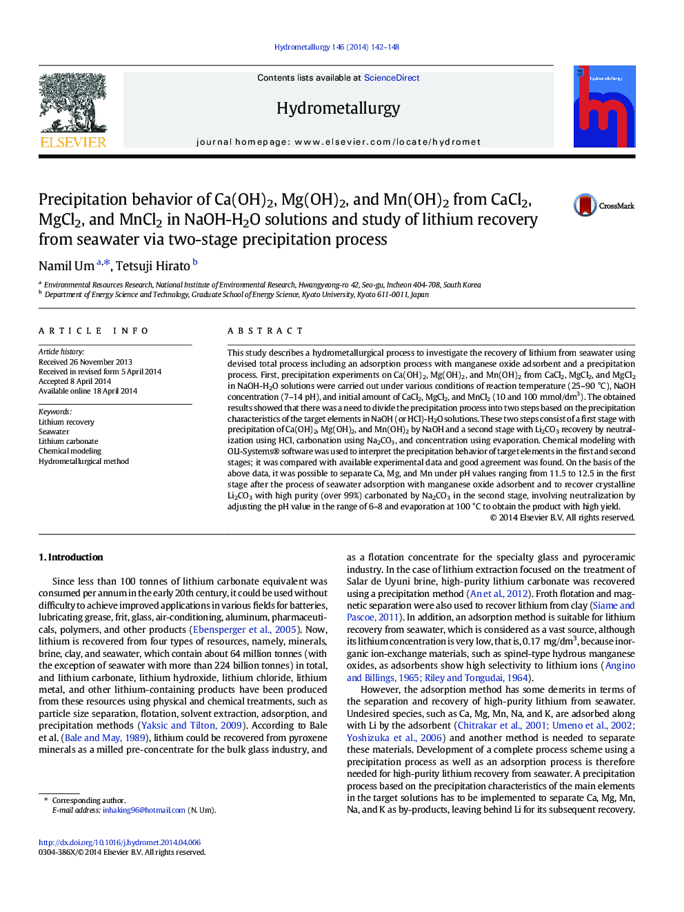 Precipitation behavior of Ca(OH)2, Mg(OH)2, and Mn(OH)2 from CaCl2, MgCl2, and MnCl2 in NaOH-H2O solutions and study of lithium recovery from seawater via two-stage precipitation process
