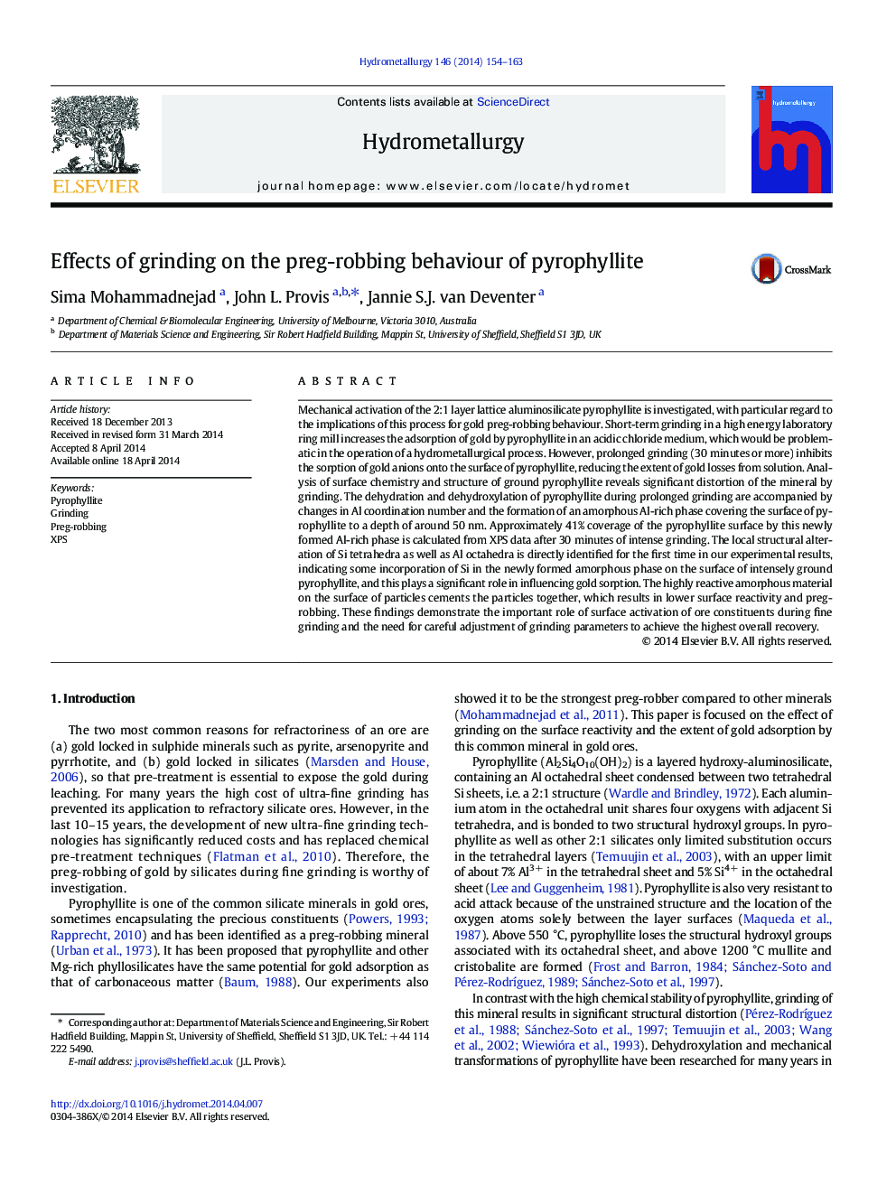 Effects of grinding on the preg-robbing behaviour of pyrophyllite