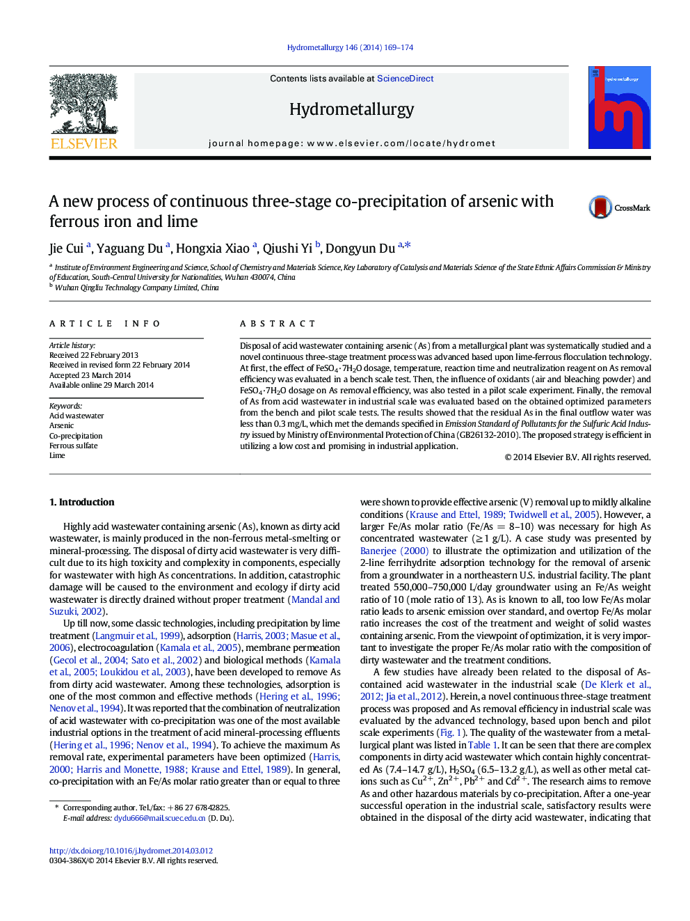 A new process of continuous three-stage co-precipitation of arsenic with ferrous iron and lime