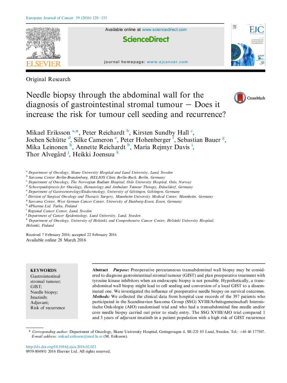 Needle biopsy through the abdominal wall for the diagnosis of gastrointestinal stromal tumour – Does it increase the risk for tumour cell seeding and recurrence?