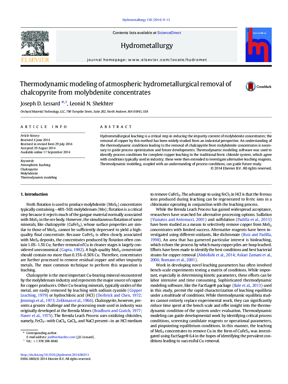 مدلسازی ترمودینامیکی حذف هیدرومتالورژی اتمسفر کلوپوپییر از کنسانتره مولیبدنیت 