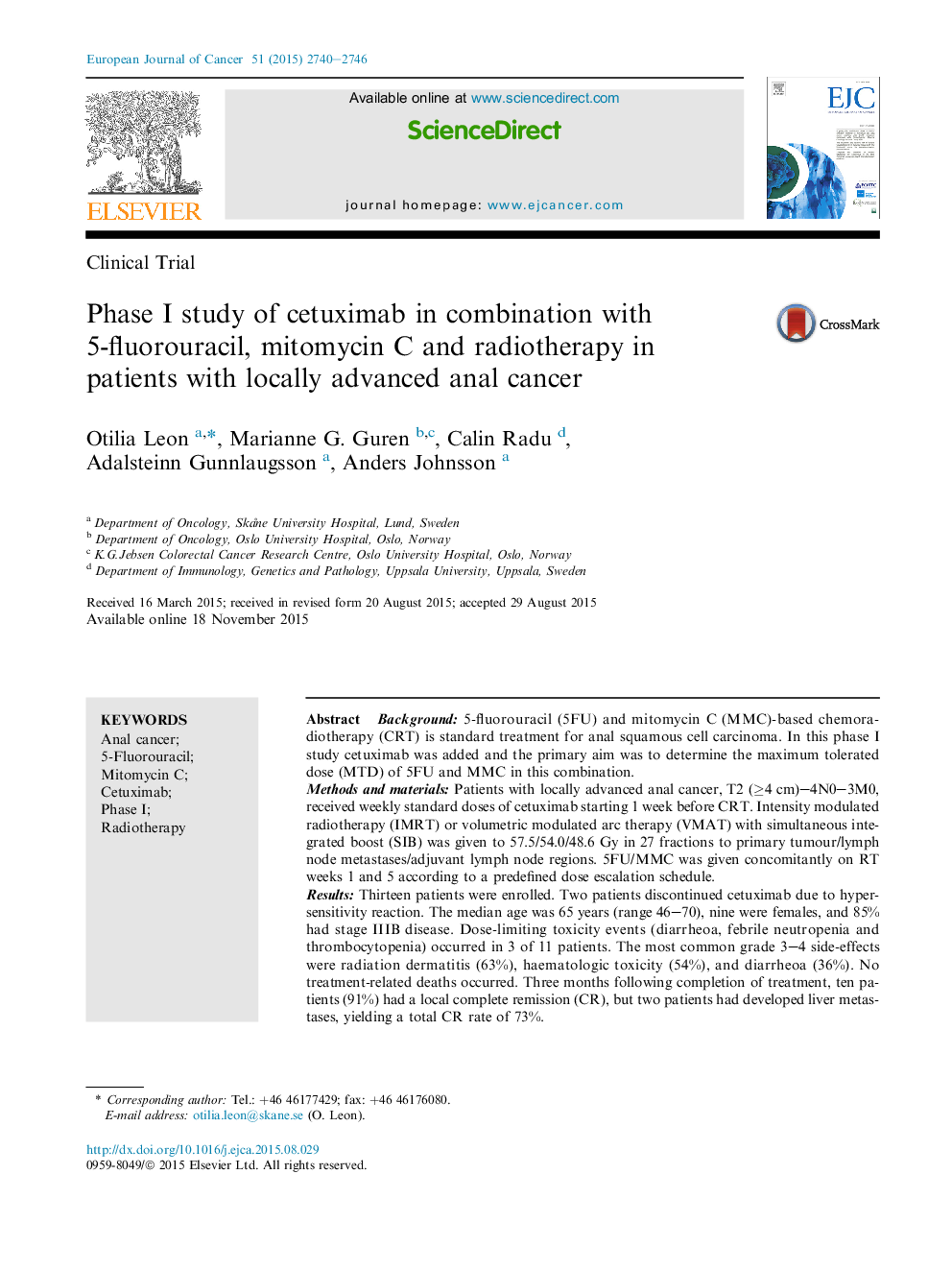 Phase I study of cetuximab in combination with 5-fluorouracil, mitomycin C and radiotherapy in patients with locally advanced anal cancer