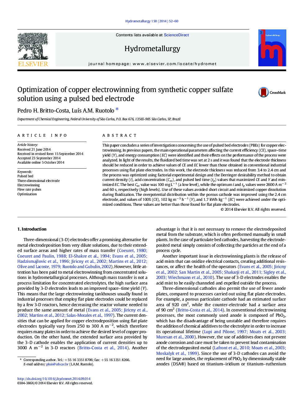 Optimization of copper electrowinning from synthetic copper sulfate solution using a pulsed bed electrode