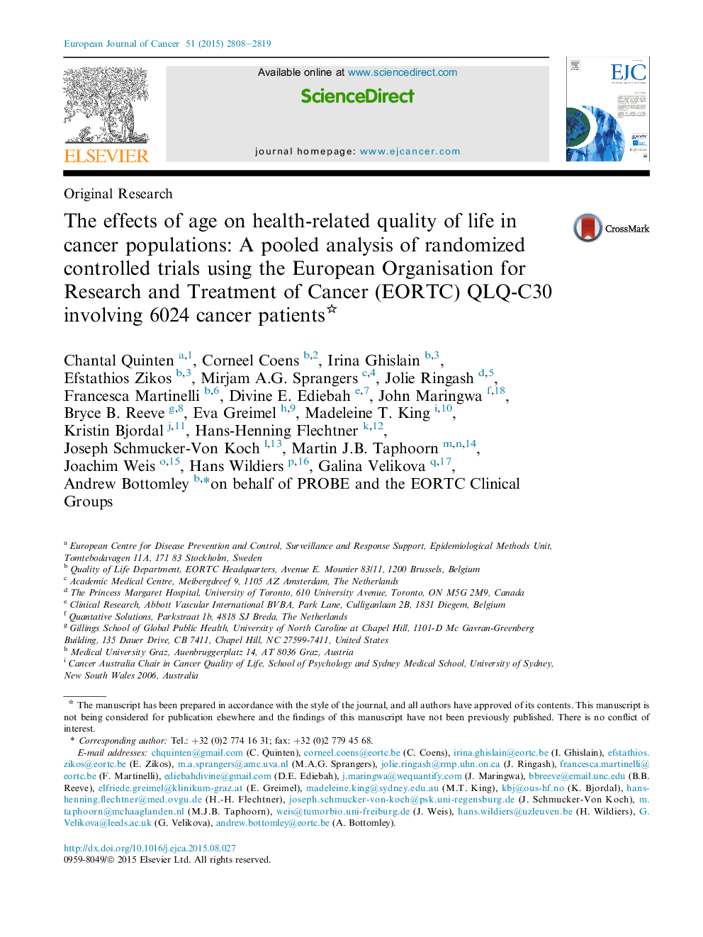 The effects of age on health-related quality of life in cancer populations: A pooled analysis of randomized controlled trials using the European Organisation for Research and Treatment of Cancer (EORTC) QLQ-C30 involving 6024 cancer patients 