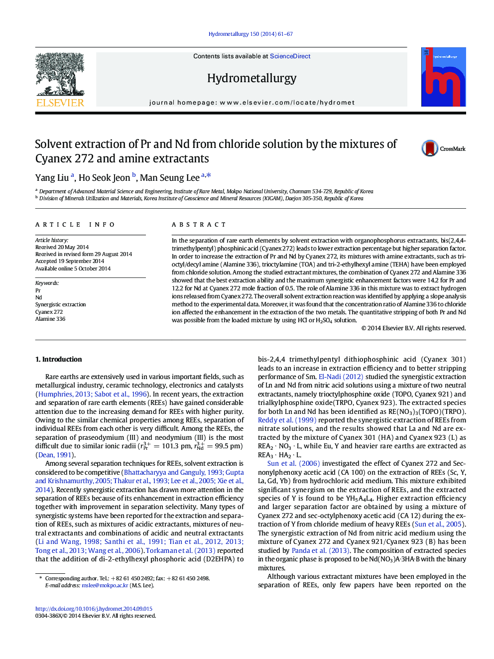 Solvent extraction of Pr and Nd from chloride solution by the mixtures of Cyanex 272 and amine extractants