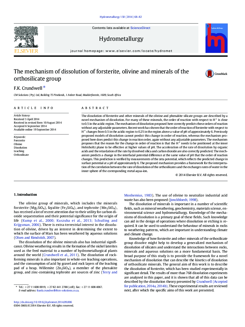 The mechanism of dissolution of forsterite, olivine and minerals of the orthosilicate group