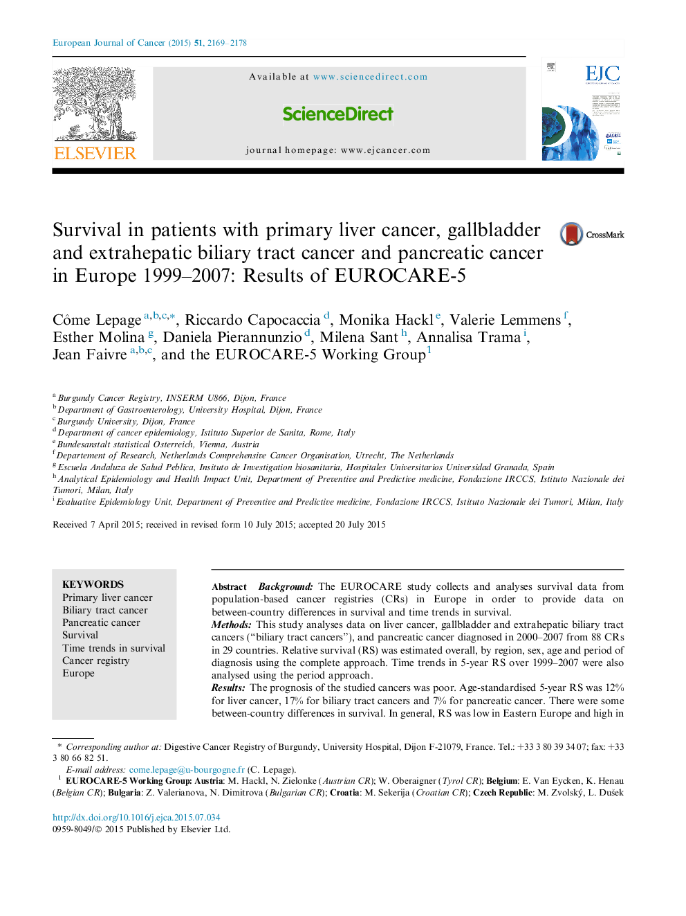 Survival in patients with primary liver cancer, gallbladder and extrahepatic biliary tract cancer and pancreatic cancer in Europe 1999–2007: Results of EUROCARE-5