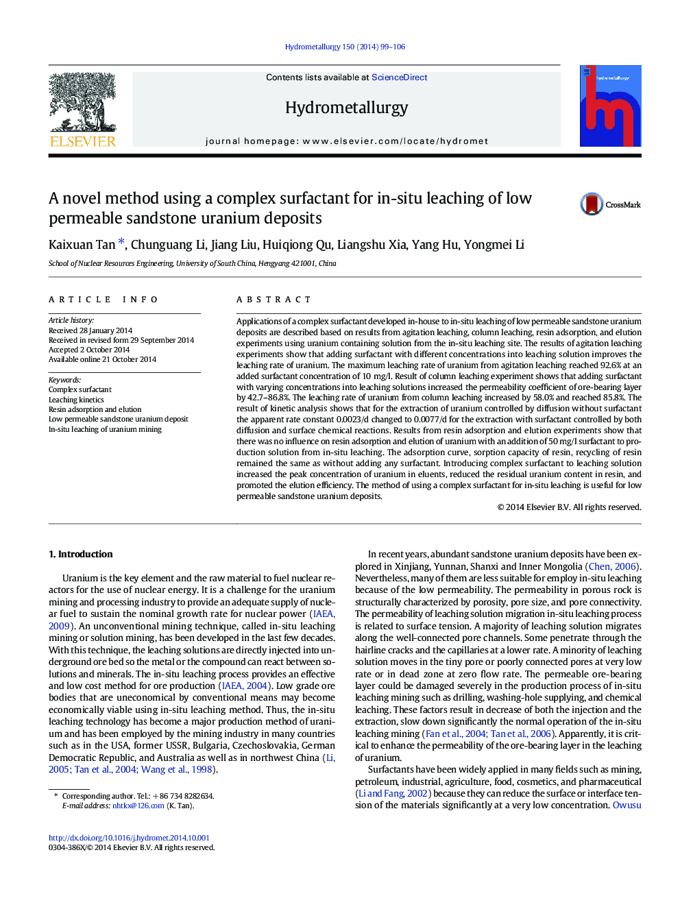 A novel method using a complex surfactant for in-situ leaching of low permeable sandstone uranium deposits