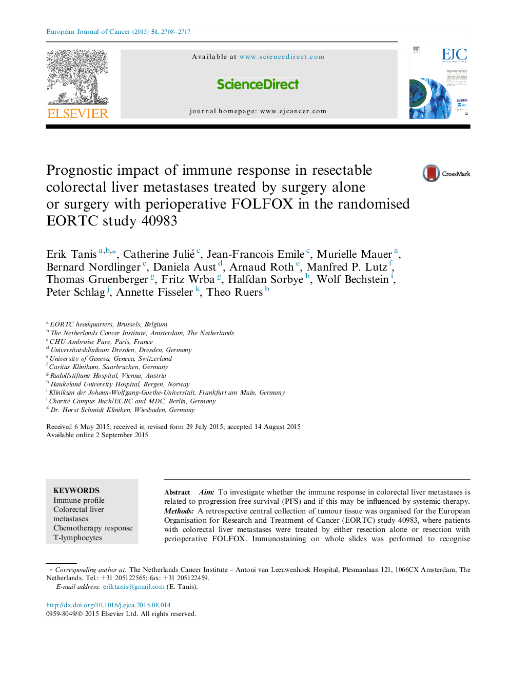 Prognostic impact of immune response in resectable colorectal liver metastases treated by surgery alone or surgery with perioperative FOLFOX in the randomised EORTC study 40983