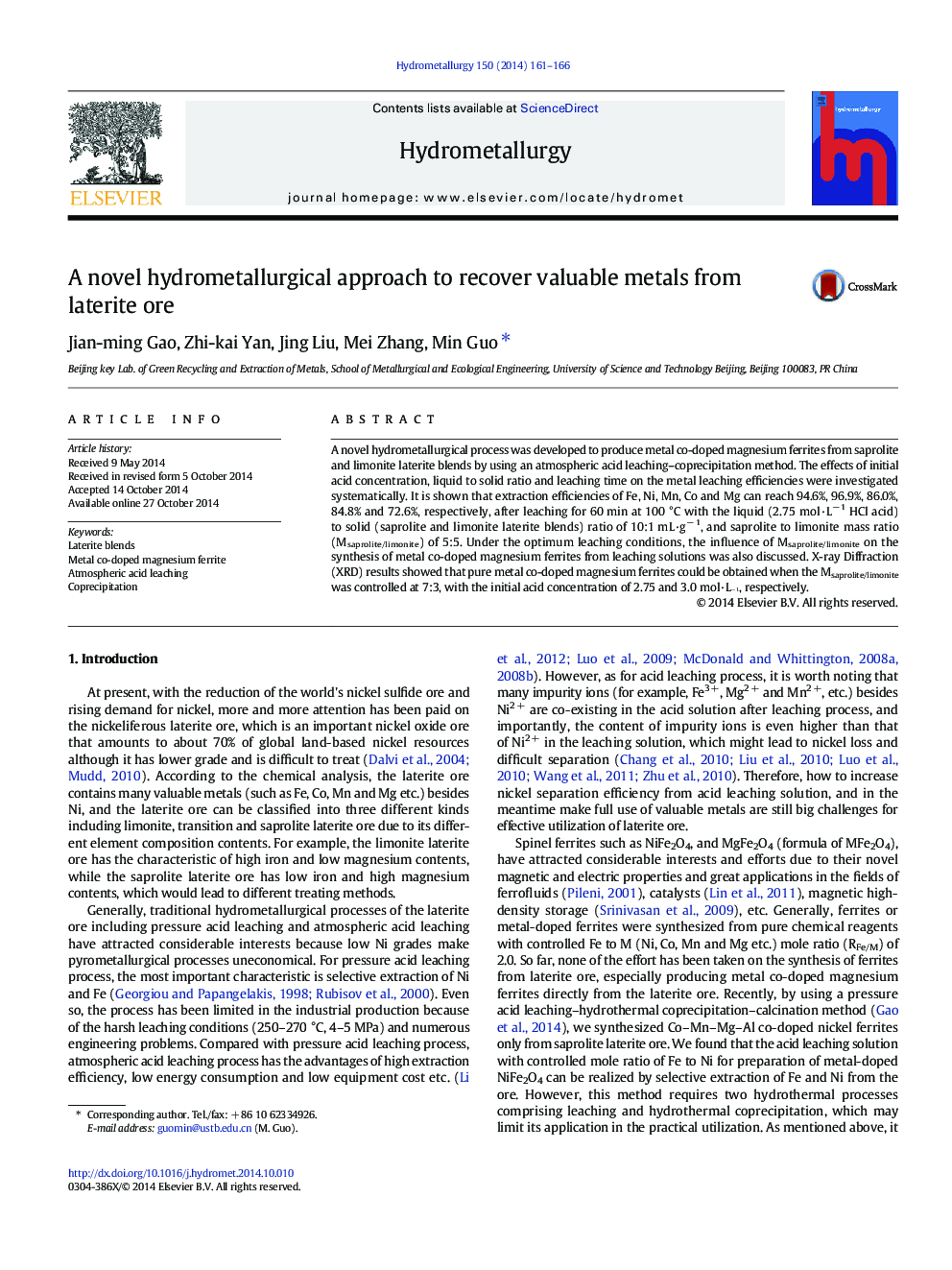 A novel hydrometallurgical approach to recover valuable metals from laterite ore