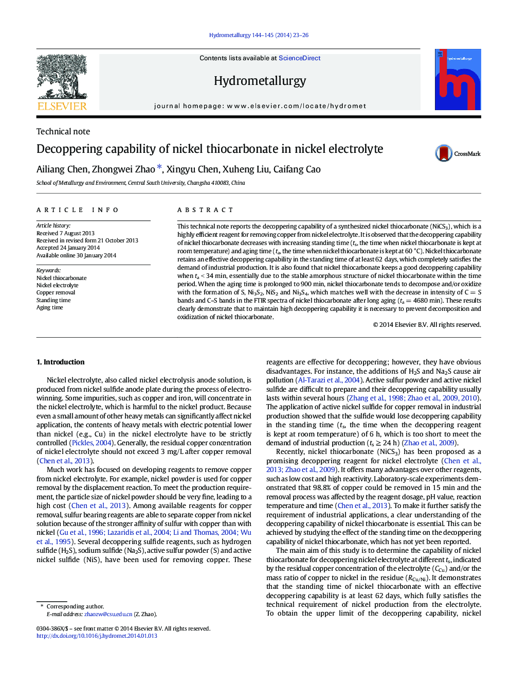 Decoppering capability of nickel thiocarbonate in nickel electrolyte