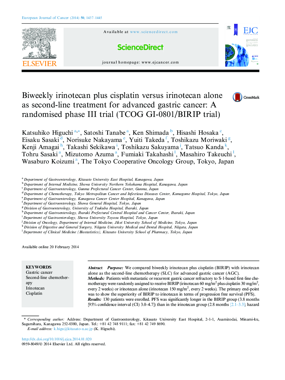 Biweekly irinotecan plus cisplatin versus irinotecan alone as second-line treatment for advanced gastric cancer: A randomised phase III trial (TCOG GI-0801/BIRIP trial)