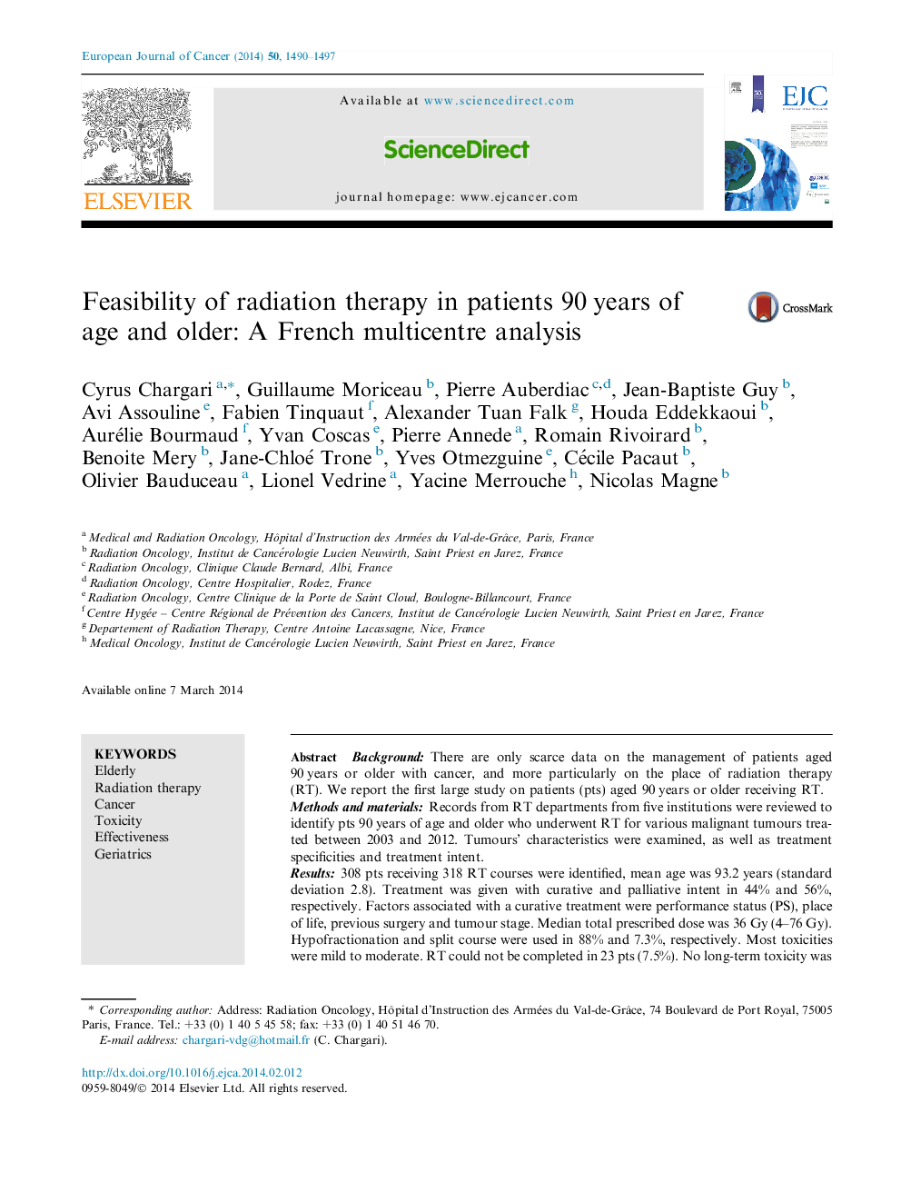 امکان پرتودرمانی در بیماران 90 ساله و سالمند: یک تجزیه و تحلیل چند مرکز فرانسه 