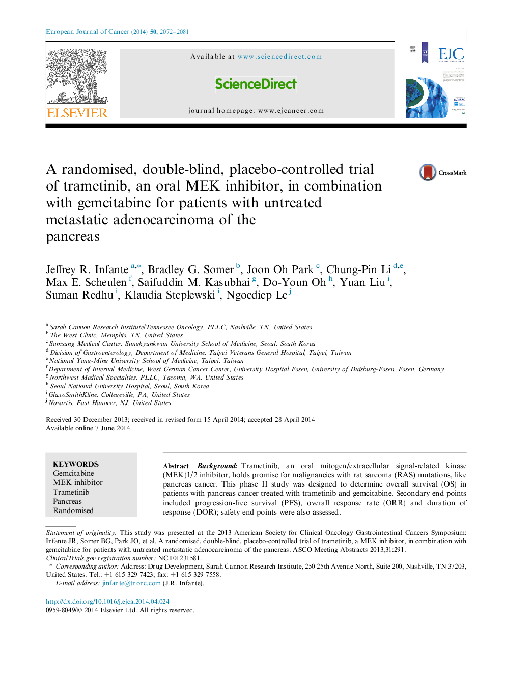 A randomised, double-blind, placebo-controlled trial of trametinib, an oral MEK inhibitor, in combination with gemcitabine for patients with untreated metastatic adenocarcinoma of the pancreas 