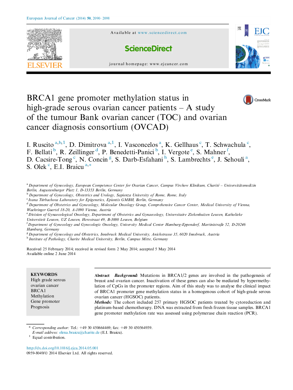 BRCA1 gene promoter methylation status in high-grade serous ovarian cancer patients – A study of the tumour Bank ovarian cancer (TOC) and ovarian cancer diagnosis consortium (OVCAD)