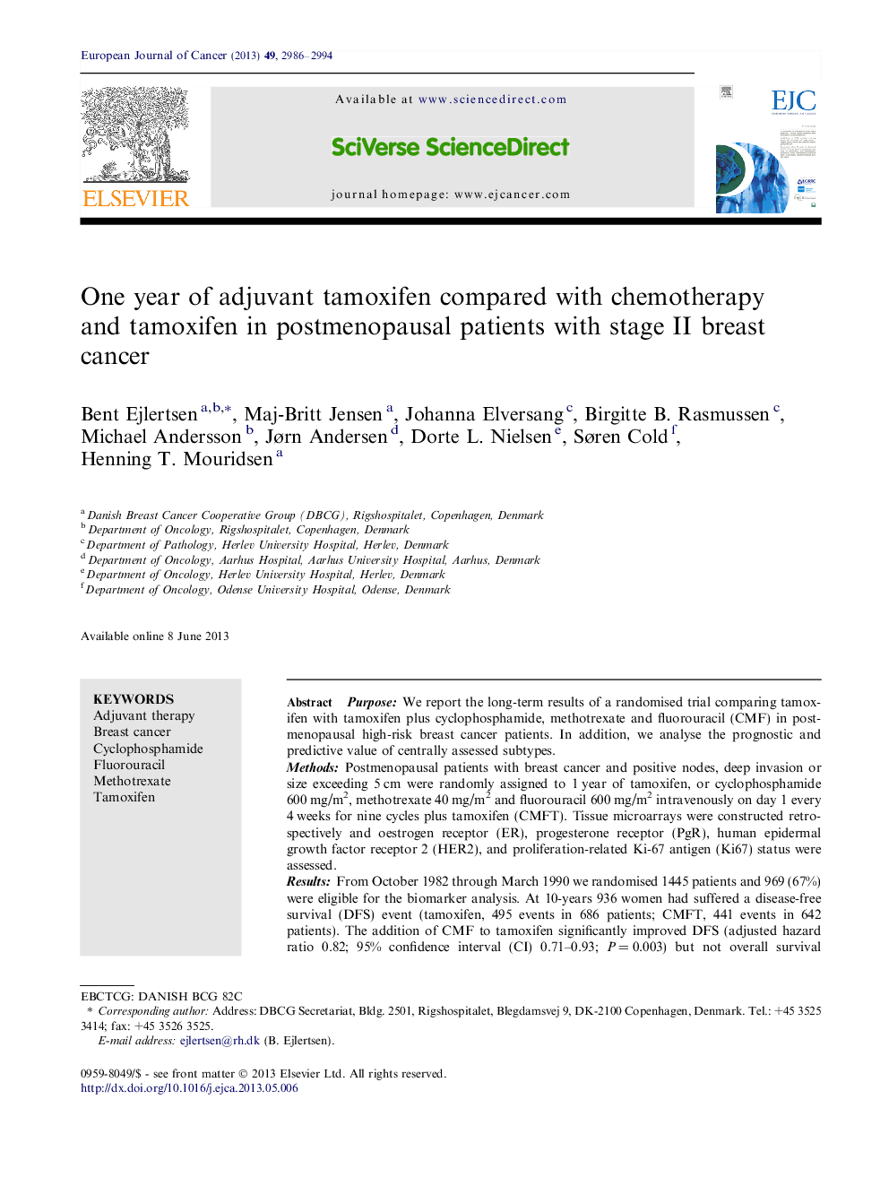 One year of adjuvant tamoxifen compared with chemotherapy and tamoxifen in postmenopausal patients with stage II breast cancer 