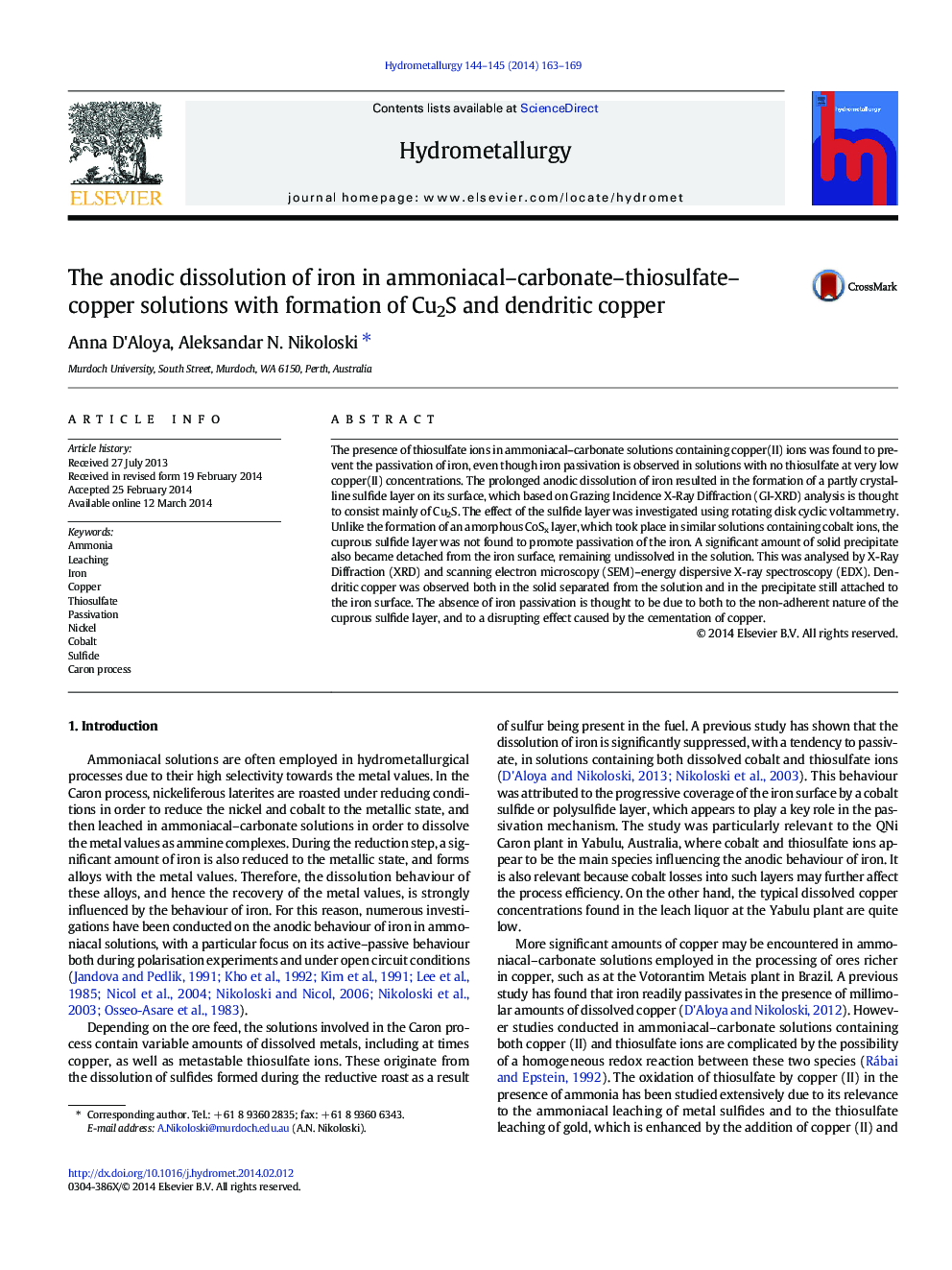 The anodic dissolution of iron in ammoniacal–carbonate–thiosulfate–copper solutions with formation of Cu2S and dendritic copper