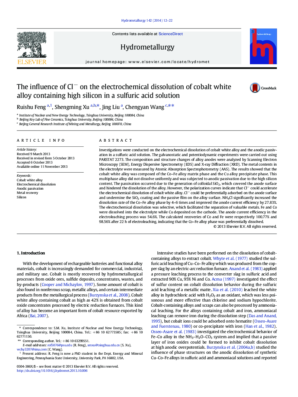 The influence of Cl− on the electrochemical dissolution of cobalt white alloy containing high silicon in a sulfuric acid solution