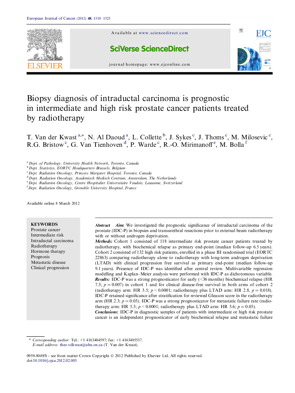 Biopsy diagnosis of intraductal carcinoma is prognostic in intermediate and high risk prostate cancer patients treated by radiotherapy