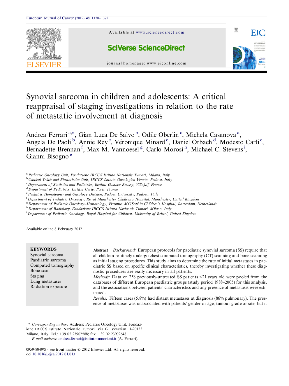 Synovial sarcoma in children and adolescents: A critical reappraisal of staging investigations in relation to the rate of metastatic involvement at diagnosis