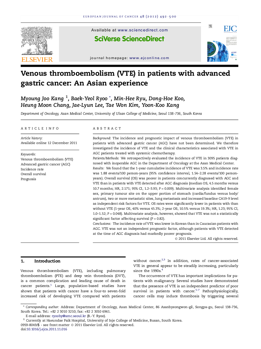 Venous thromboembolism (VTE) in patients with advanced gastric cancer: An Asian experience