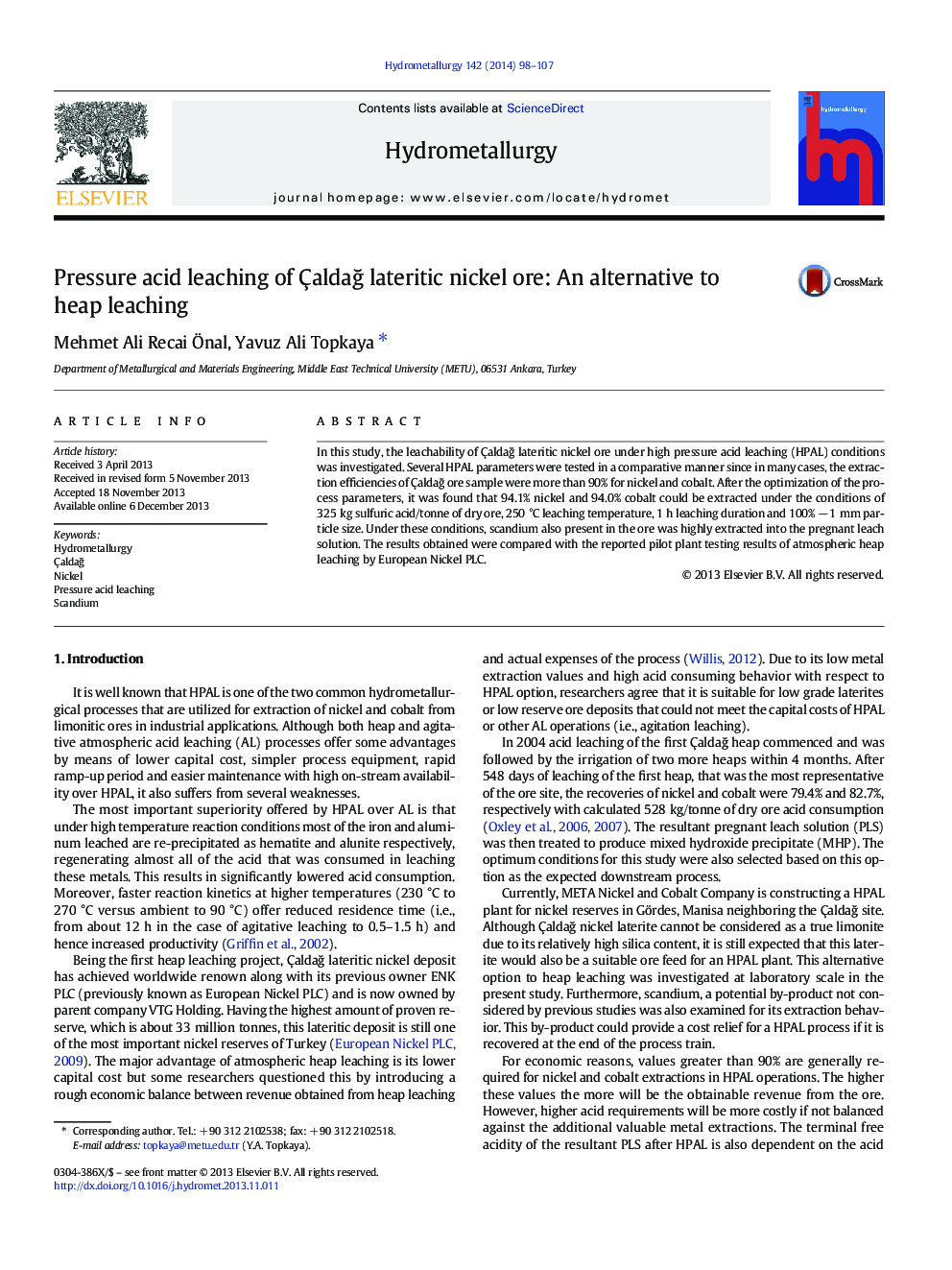 Pressure acid leaching of Çaldağ lateritic nickel ore: An alternative to heap leaching