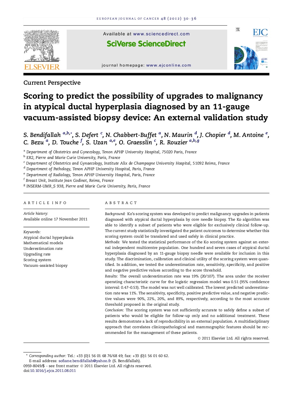 Scoring to predict the possibility of upgrades to malignancy in atypical ductal hyperplasia diagnosed by an 11-gauge vacuum-assisted biopsy device: An external validation study