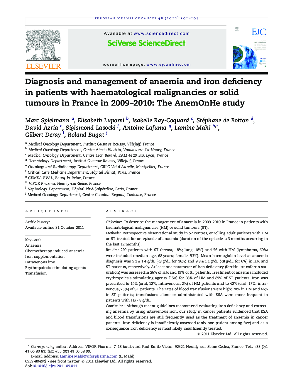 Diagnosis and management of anaemia and iron deficiency in patients with haematological malignancies or solid tumours in France in 2009–2010: The AnemOnHe study