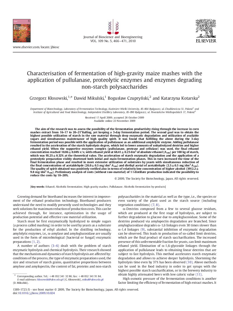 عکس صفحه اول مقاله: Characterisation of fermentation of high-gravity maize mashes with the application of pullulanase, proteolytic enzymes and enzymes degrading non-starch polysaccharides Characterisation of fermentation of high-gravity maize mashes with the application of pullulanase, proteolytic enzymes and enzymes degrading non-starch polysaccharides