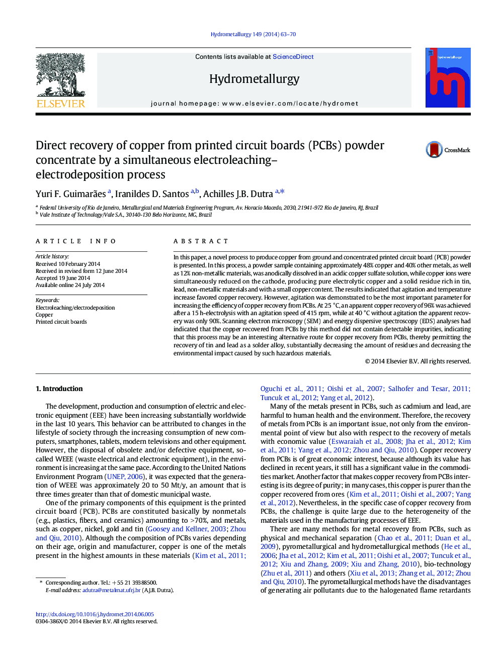 Direct recovery of copper from printed circuit boards (PCBs) powder concentrate by a simultaneous electroleaching–electrodeposition process