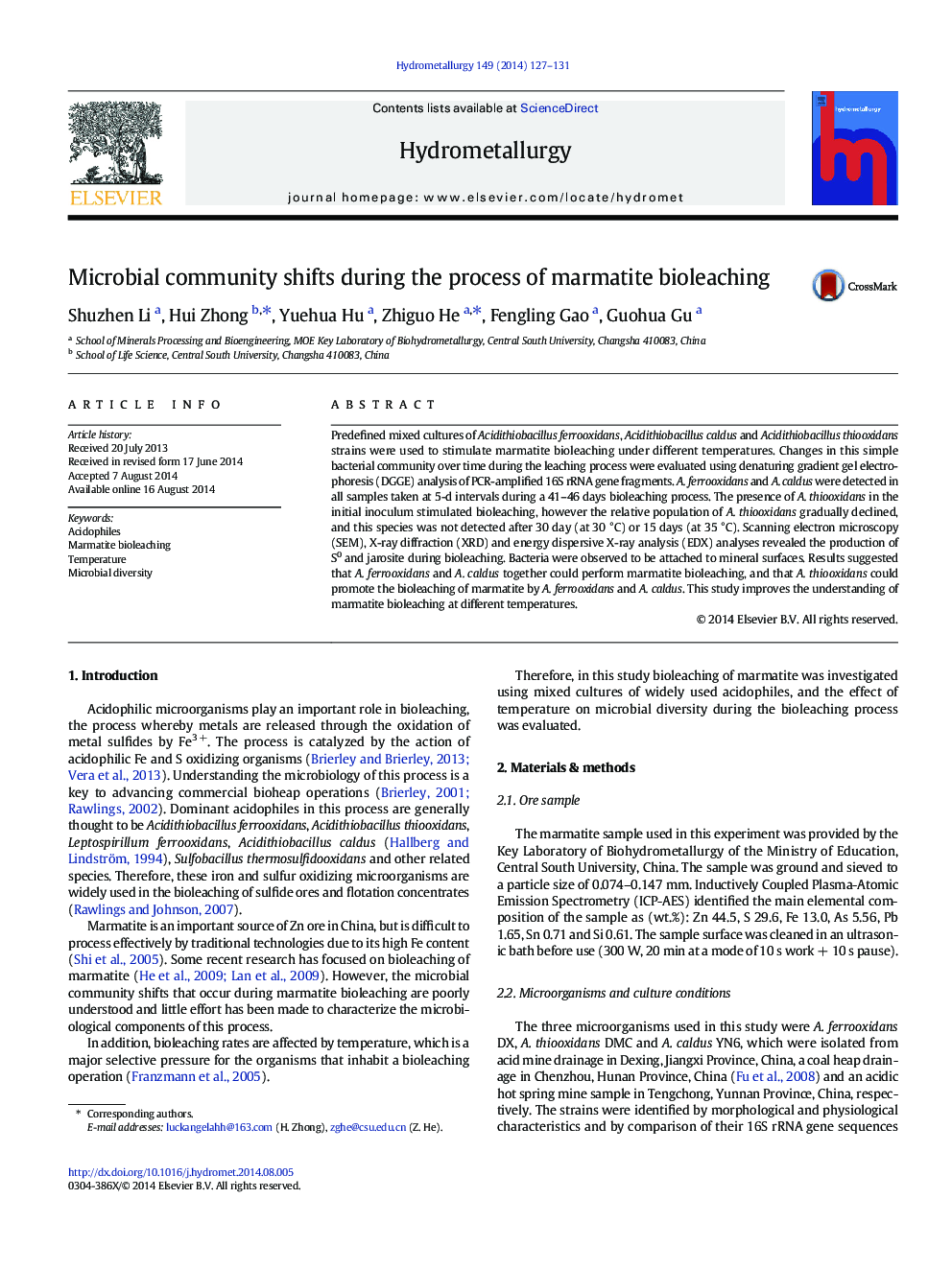 Microbial community shifts during the process of marmatite bioleaching