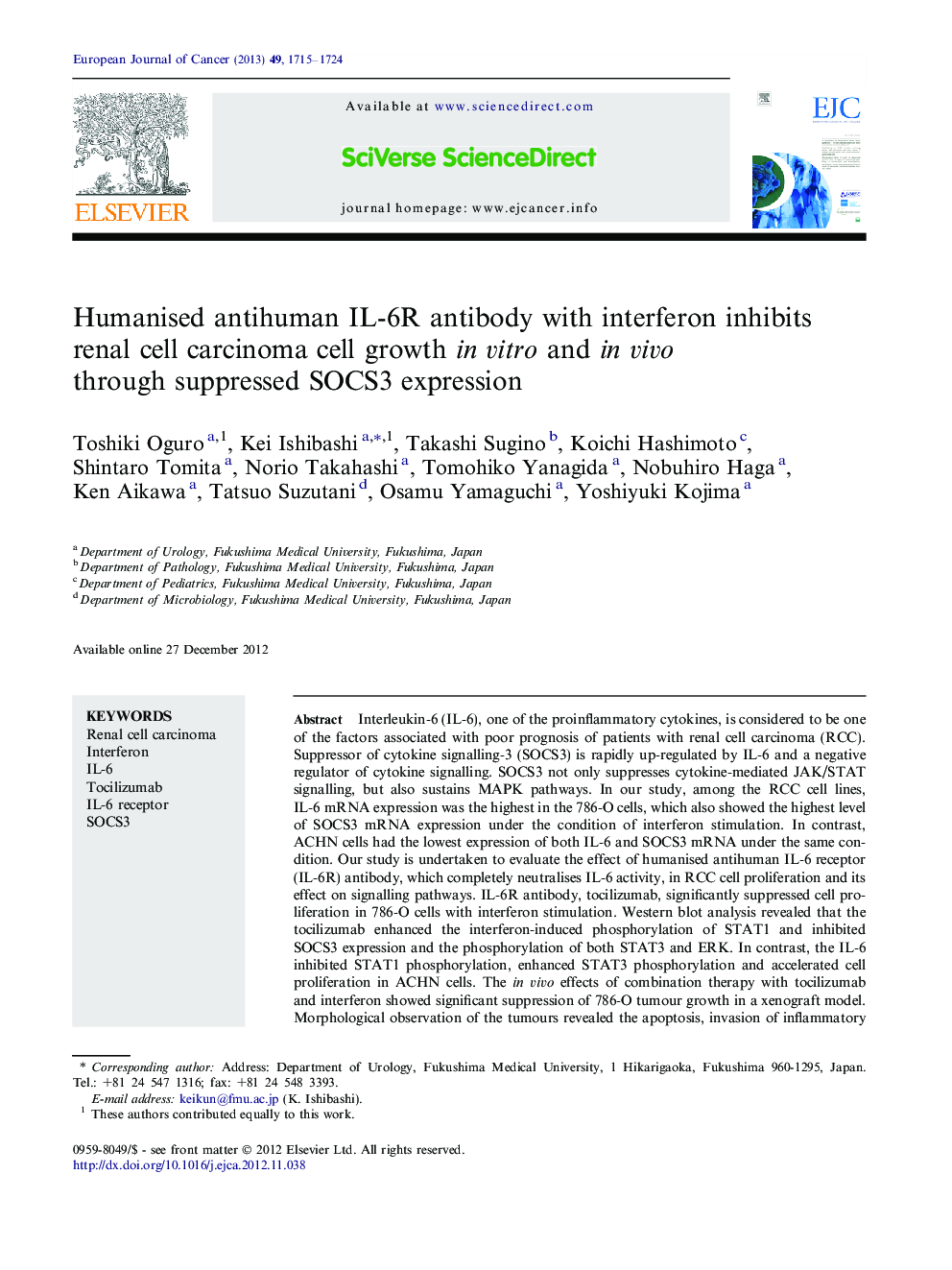 Humanised antihuman IL-6R antibody with interferon inhibits renal cell carcinoma cell growth in vitro and in vivo through suppressed SOCS3 expression