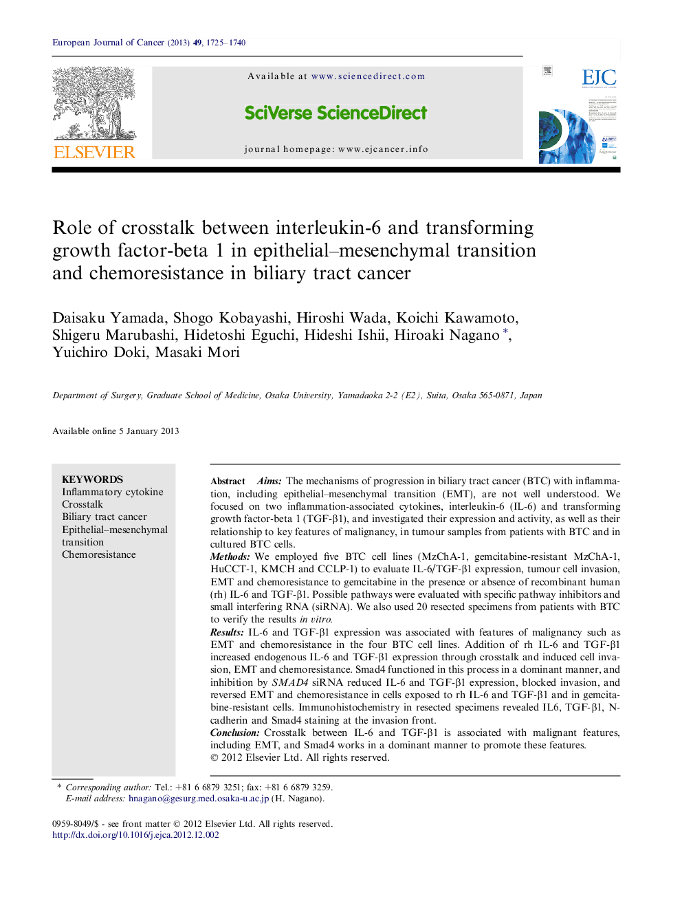 Role of crosstalk between interleukin-6 and transforming growth factor-beta 1 in epithelial–mesenchymal transition and chemoresistance in biliary tract cancer