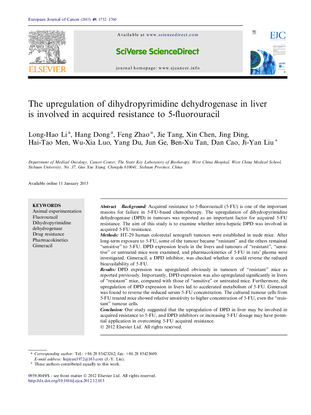 The upregulation of dihydropyrimidine dehydrogenase in liver is involved in acquired resistance to 5-fluorouracil