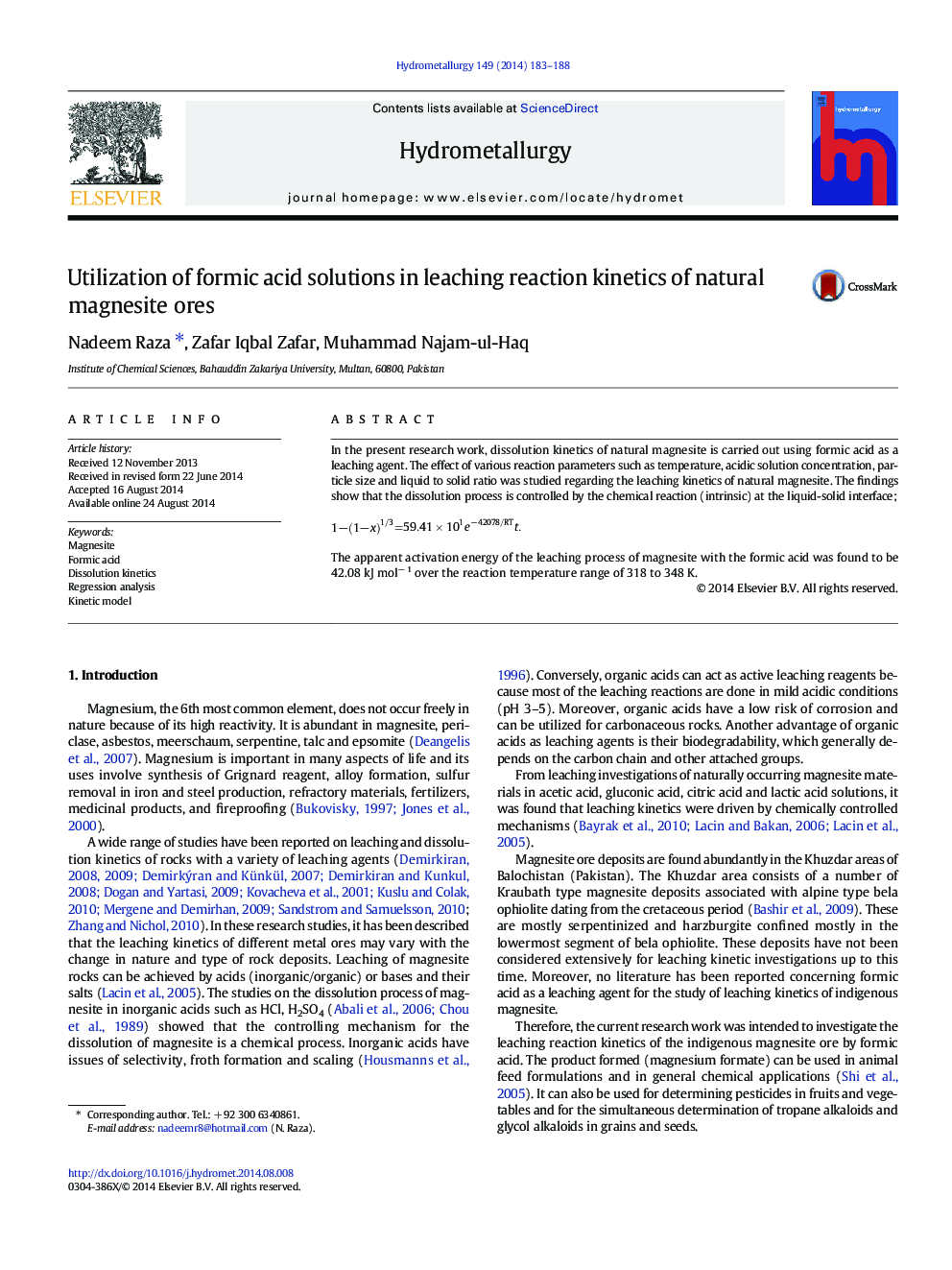 Utilization of formic acid solutions in leaching reaction kinetics of natural magnesite ores