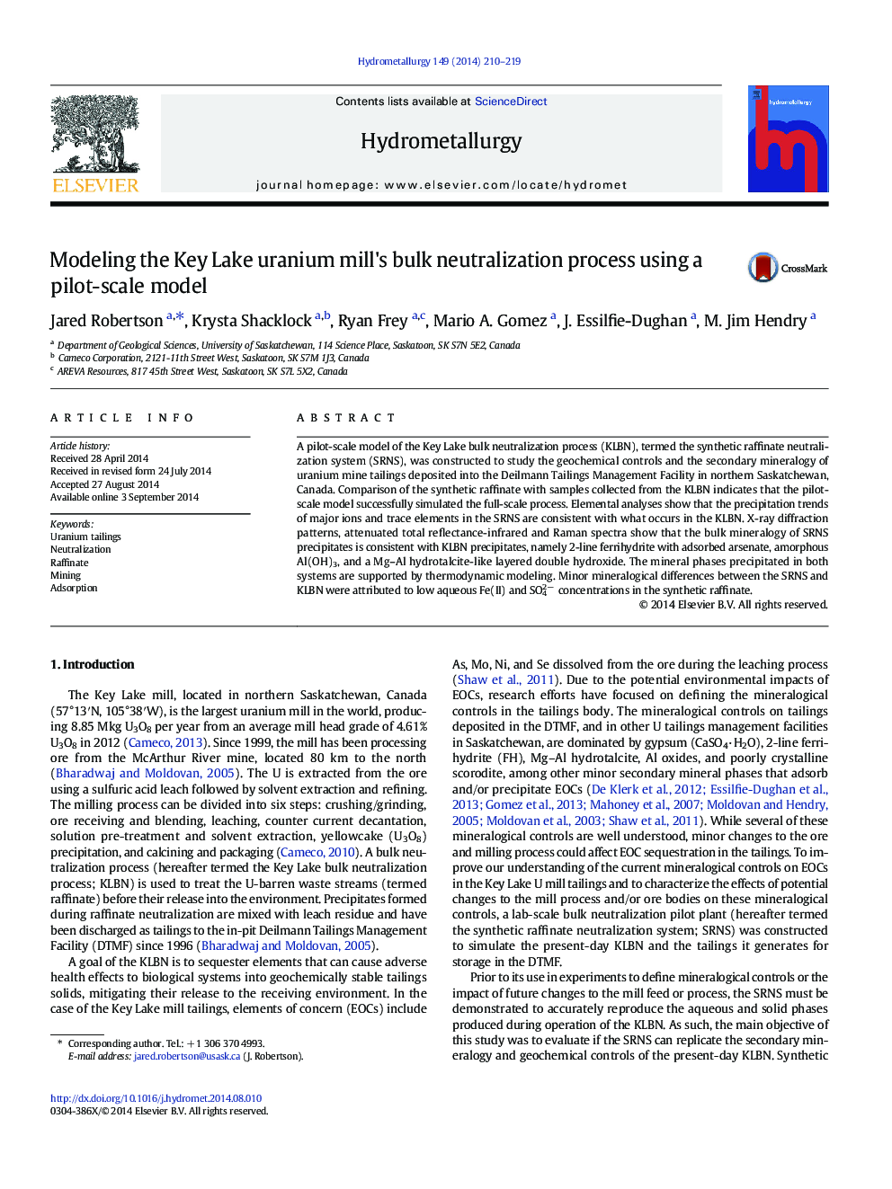 Modeling the Key Lake uranium mill's bulk neutralization process using a pilot-scale model