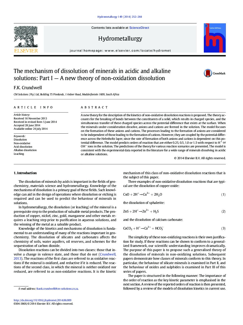 The mechanism of dissolution of minerals in acidic and alkaline solutions: Part I — A new theory of non-oxidation dissolution
