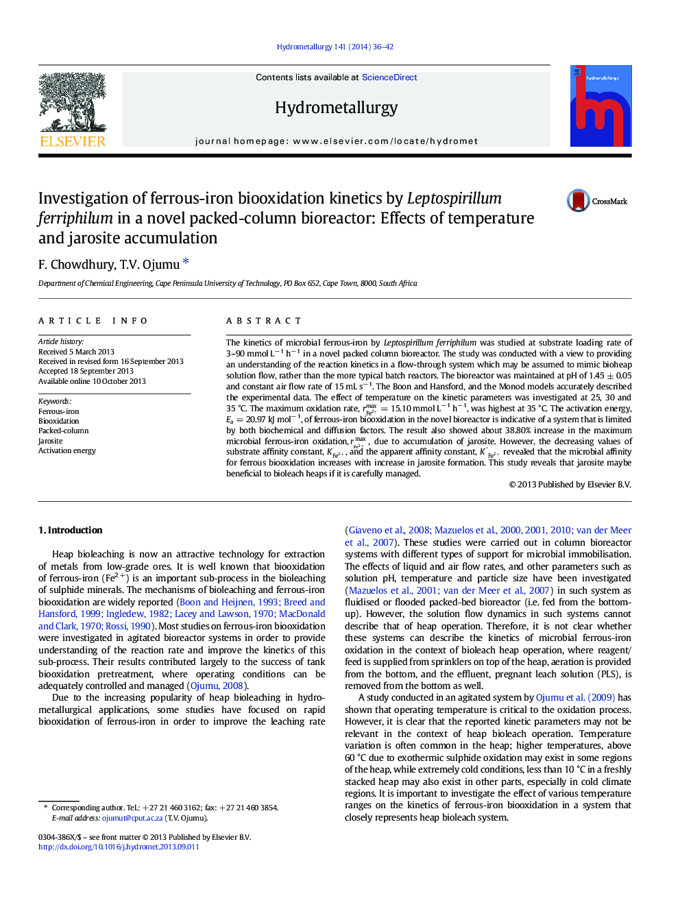 Investigation of ferrous-iron biooxidation kinetics by Leptospirillum ferriphilum in a novel packed-column bioreactor: Effects of temperature and jarosite accumulation
