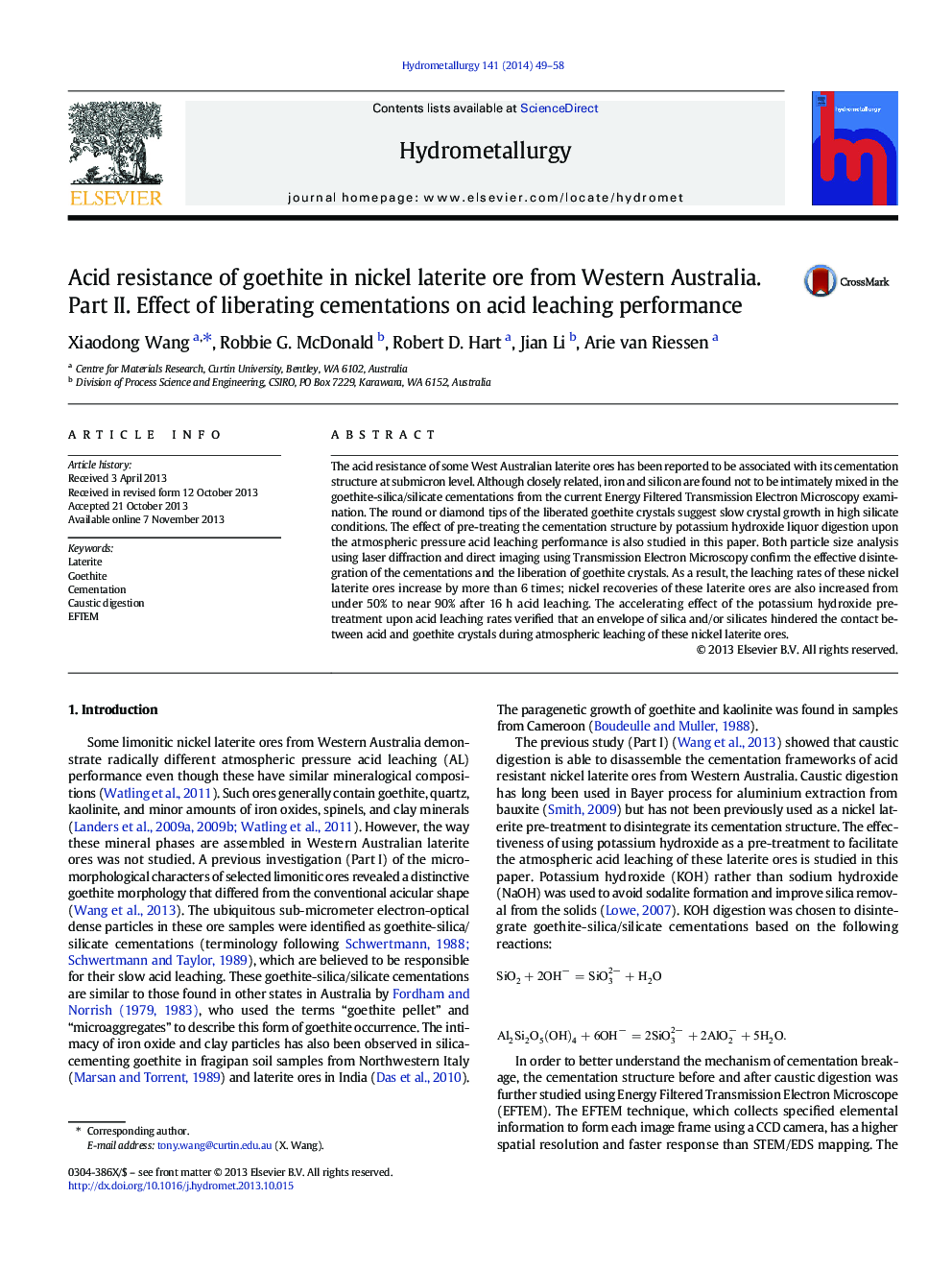 Acid resistance of goethite in nickel laterite ore from Western Australia. Part II. Effect of liberating cementations on acid leaching performance