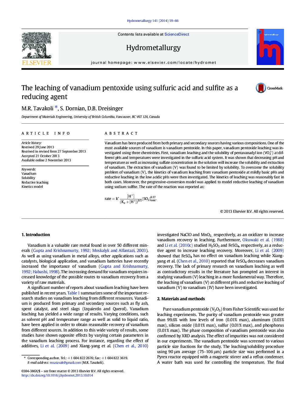 The leaching of vanadium pentoxide using sulfuric acid and sulfite as a reducing agent