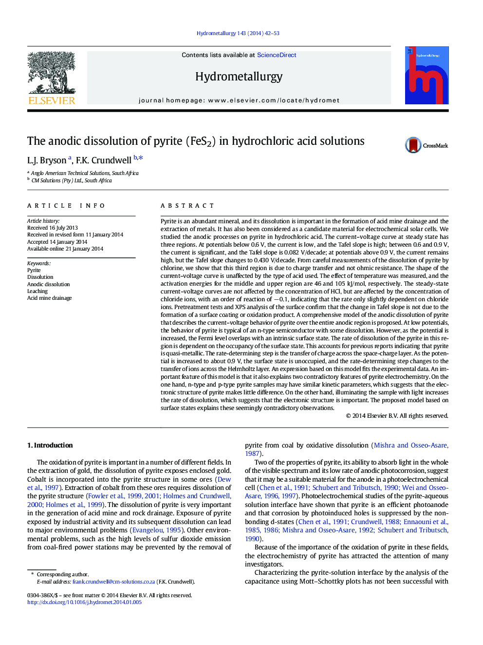 The anodic dissolution of pyrite (FeS2) in hydrochloric acid solutions