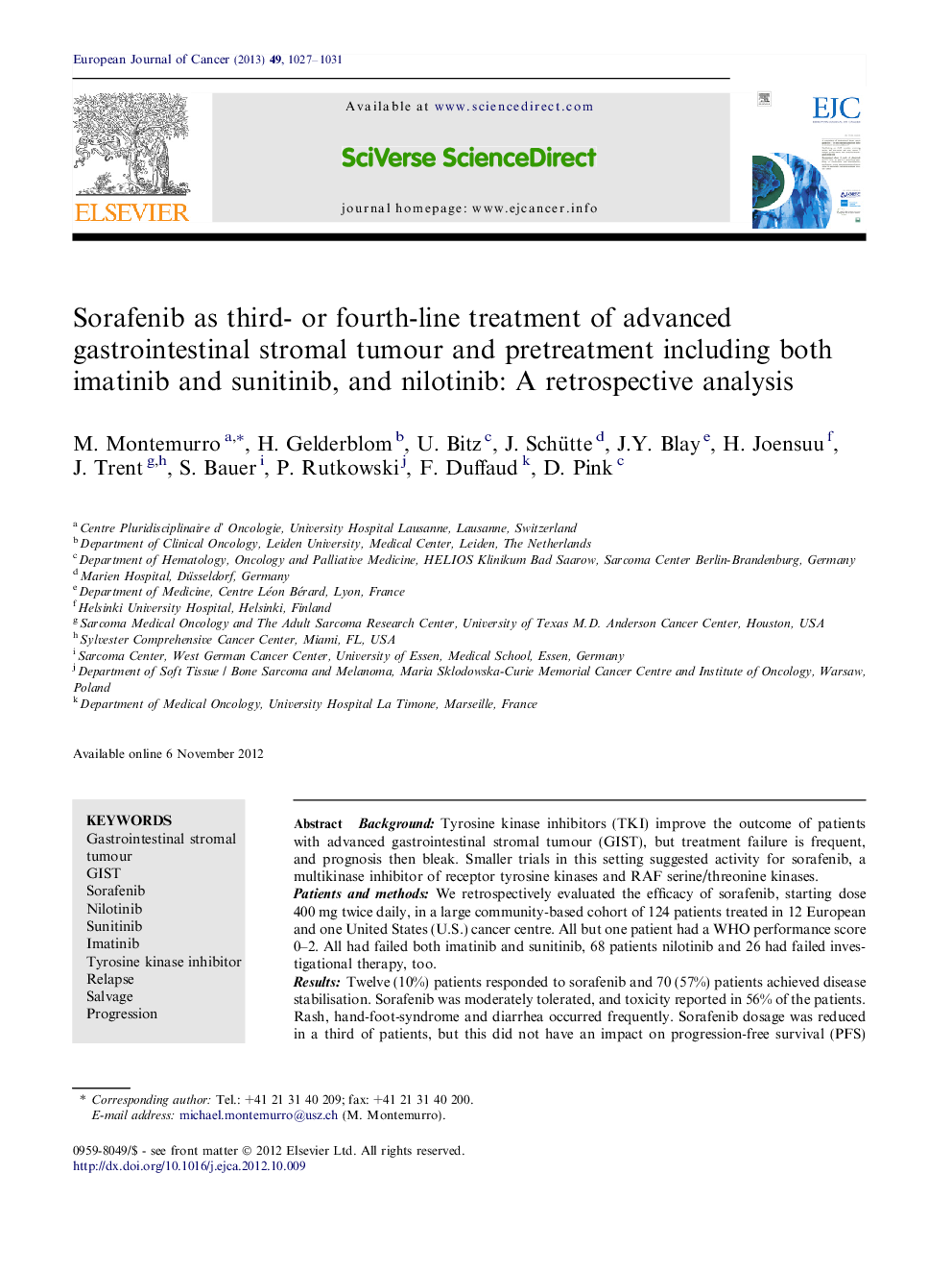 Sorafenib as third- or fourth-line treatment of advanced gastrointestinal stromal tumour and pretreatment including both imatinib and sunitinib, and nilotinib: A retrospective analysis