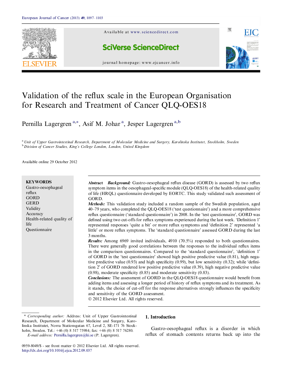 Validation of the reflux scale in the European Organisation for Research and Treatment of Cancer QLQ-OES18